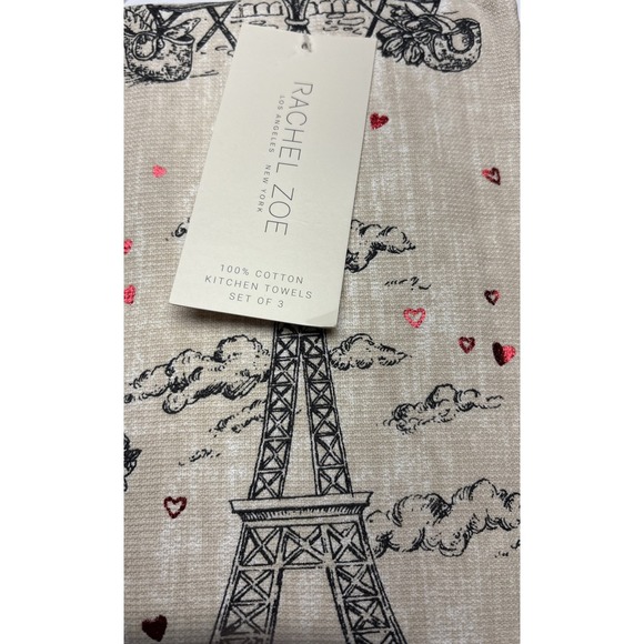 Rachel Zoe Paris Eiffel Tower Foil Hearts Kitchen Towel Set of 3 Valentine's Day - Picture 2 of 5